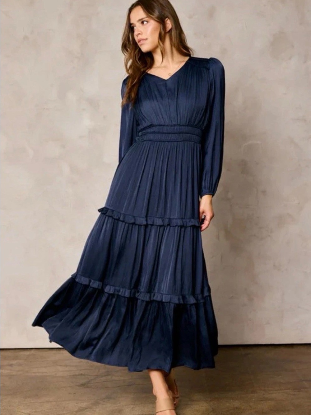 Celadon Smocked Satin Ruffle Blue Dress S